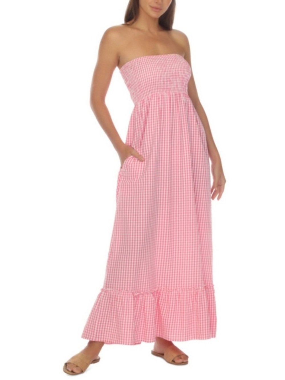 Raviya Pink Gingham Strapless Maxi Coverup
